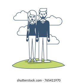 couple in color sections silhouette scene outdoor and her with blouse long sleeve and pants and heel shoes with braid and fringe hairstyle and him stubble beard and sweater and pants and shoes with