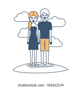 couple in color sections silhouette scene outdoor and her with strapless dress and heel shoes with pigtail hairstyle and him with t-shirt and short pants and shoes with short hair and beard