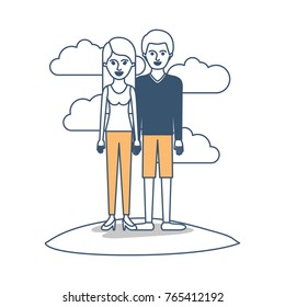 couple in color sections silhouette scene outdoor and her with t-shirt sleeveless and pants and heel shoes with long straight hair and him with sweater and short pants and shoes with short hair