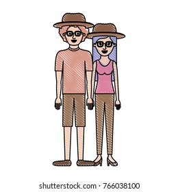 couple in colored crayon silhouette and both with hat and glasses and him with shirt and short pants and shoes and curly hair and her with blouse and pants and heel shoes with long straight hair