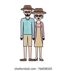 couple in colored crayon silhouette and both with hat and glasses and him with stubble beard and sweater and short pants and shoes and her with jacket and dress and heel shoes with short hair