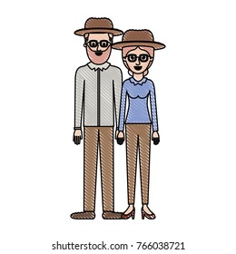 couple in colored crayon silhouette and both with hat and glasses and him with beard and shirt and pants and shoes and her with blouse long sleeve and pants and heel shoes with collected hair