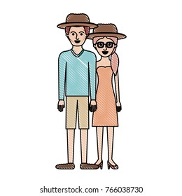 couple in colored crayon silhouette and both with hat and him with sweater and short pants and shoes and her with glasses strapless dress and heel shoes with pigtail hairstyle