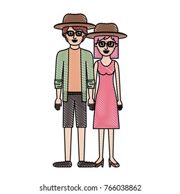 couple in colored crayon silhouette and both with hat and glasses and him with shirt and jacket and short pants and shoes and her with dress and heel shoes with mid length hair