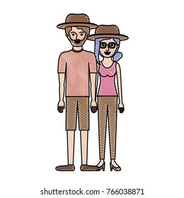 couple in colored crayon silhouette and both with hat and him with beard with t-shirt and short pants and shoes and her with glasses t-shirt sleeveless and pants and heel shoes with collected hair and