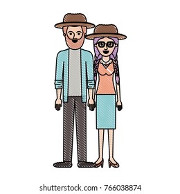 couple in colored crayon silhouette and both with hat and him with beard and shirt and jacket and pants and shoes and her with glasses blouse and skirt and heel shoes with braided hair