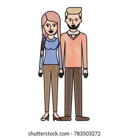 couple in colored crayon silhouette and her with blouse long sleeve and pants and heel shoes with braid and fringe hairstyle and him stubble beard and sweater and pants and shoes with side parted