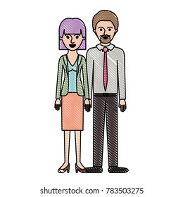 couple in colored crayon silhouette and her with blouse and jacket and skirt and heel shoes with mushroom hairstyle and him with shirt and tie and pants and shoes with short hair and goatee beard