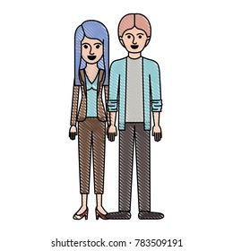 couple in colored crayon silhouette and her with blouse and jacket and pants and heel shoes with layered hair and him with shirt and jacket and pants and shoes with middle part hairstyle