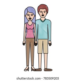 couple in colored crayon silhouette and her with t-shirt sleeveless and pants and heel shoes with long straight hair and him with sweater and short pants and shoes with short hair