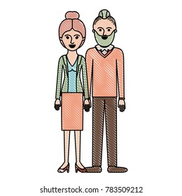 couple in colored crayon silhouette and her with blouse and jacket and skirt and heel shoes with collected hair and him with beard and sweater and pants and shoes with taper fade haircut