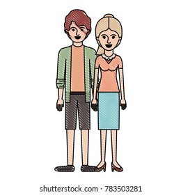 couple in colored crayon silhouette and him with shirt and jacket and short pants and shoes with short wavy hair and her with blouse and skirt and heel shoes with ponytail hair