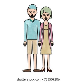 couple in colored crayon silhouette and him with t-shirt long sleeve and short pants and shoes with high fade haircut and stubble beard and her with blouse and jacket and skirt and heel shoes with