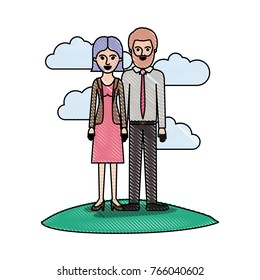 couple in colored crayon silhouette scene outdoor and her with blouse and jacket and skirt and heel shoes with short straight hairstyle and him with shirt and tie and pants and shoes with short hair