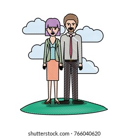 couple in colored crayon silhouette scene outdoor and her with blouse and jacket and skirt and heel shoes with mushroom hairstyle and him with shirt and tie and pants and shoes with short hair and