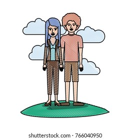 couple in colored crayon silhouette scene outdoor and her with blouse and jacket and pants and heel shoes with layered hair and him with t-shirt and short pants and shoes with curly hair