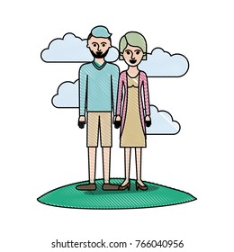 couple in colored crayon silhouette scene outdoor and him with t-shirt long sleeve and short pants and shoes with high fade haircut and stubble beard and her with blouse and jacket and skirt and heel