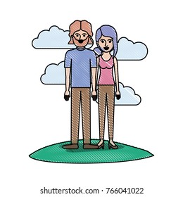couple in colored crayon silhouette scene outdoor and both with t-shirt and pants and shoes and him with mid length hair and beard and her with collected hair and fringe