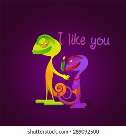 A couple of colorful chameleons are recognizing in love. Gift on Valentine's Day card, declaration of love, an invitation for date