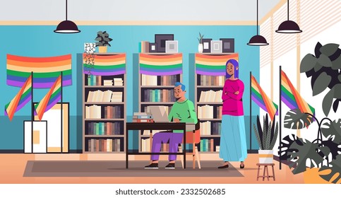 couple in colorful clothes working in office lgbt rainbow flag transgender love generation Z concept horizontal