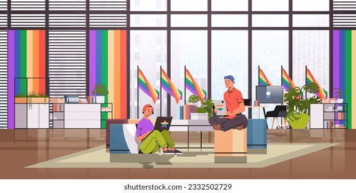 couple in colorful clothes working in office lgbt rainbow flag transgender love generation Z concept