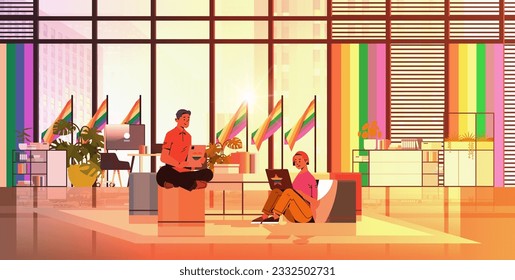 couple in colorful clothes working in office lgbt rainbow flag transgender love generation Z concept