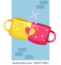 Couple of colorful cups with hearts. Vector illustration in cartoon style.