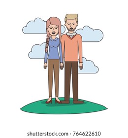 couple colorful scene outdoor and her with blouse long sleeve and pants and heel shoes with braid and fringe hairstyle and him stubble beard and sweater and pants and shoes with side parted hairstyle