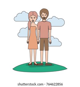 couple colorful scene outdoor and her with strapless dress and heel shoes with pigtail hairstyle and him with t-shirt and short pants and shoes with short hair and beard