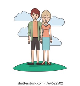 couple colorful scene outdoor and him with shirt and jacket and short pants and shoes with short wavy hair and her with blouse and skirt and heel shoes with ponytail hair