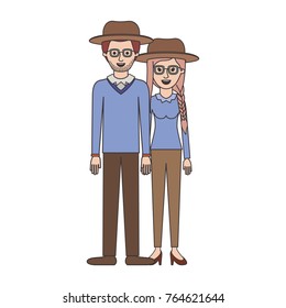 couple colorful silhouette and both with hat and glasses and pants and him with stubble beard and sweater and shoes and her with blouse long sleeve and heel shoes and braid and fringe hair