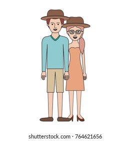couple colorful silhouette and both with hat and him with sweater and short pants and shoes and her with glasses strapless dress and heel shoes with pigtail hairstyle