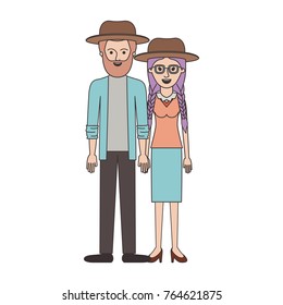 couple colorful silhouette and both with hat and him with beard and shirt and jacket and pants and shoes and her with glasses blouse and skirt and heel shoes with braided hair