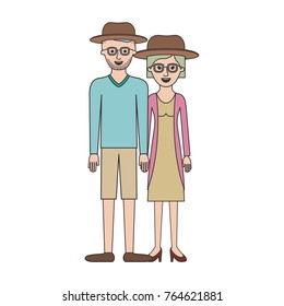 couple colorful silhouette and both with hat and glasses and him with stubble beard and sweater and short pants and shoes and her with jacket and dress and heel shoes with short hair