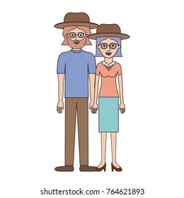 couple colorful silhouette and both with hat and glasses and him with beard and t-shirt and pants and shoes and her with blouse and skirt and heel shoes and short straight hair