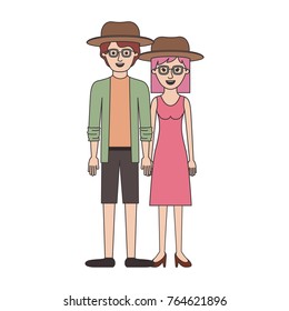 couple colorful silhouette and both with hat and glasses and him with shirt and jacket and short pants and shoes and her with dress and heel shoes with mid length hair