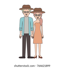 couple colorful silhouette and both with hat and glasses and him with shirt and jacket and pants and shoes and her with strapless dress and heel shoes with pigtail hairstyle