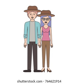 couple colorful silhouette and both with hat and pants and him with shirt and jacket and pants and shoes and her with blouse and heel shoes with long straight hair
