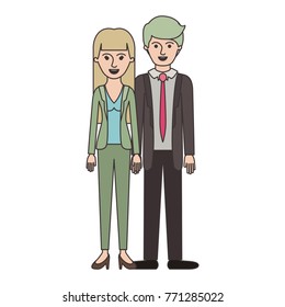 couple colorful silhouette and her with blouse and jacket and pants and heel shoes with straight long hair and him with suit and tie and pants and shoes with short hair