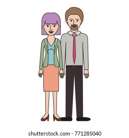 couple colorful silhouette and her with blouse and jacket and skirt and heel shoes with mushroom hairstyle and him with shirt and tie and pants and shoes with short hair and goatee beard