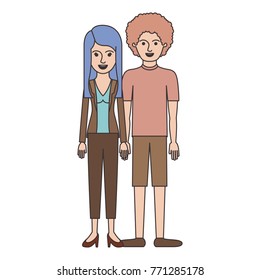couple colorful silhouette and her with blouse and jacket and pants and heel shoes with layered hair and him with t-shirt and short pants and shoes with curly hair