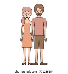 couple colorful silhouette and her with strapless dress and heel shoes with pigtail hairstyle and him with t-shirt and short pants and shoes with short hair and beard