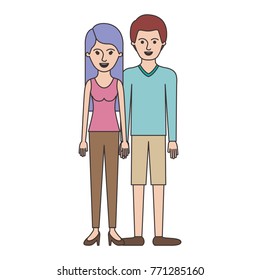 couple colorful silhouette and her with t-shirt sleeveless and pants and heel shoes with long straight hair and him with sweater and short pants and shoes with short hair