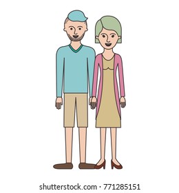 couple colorful silhouette and him with t-shirt long sleeve and short pants and shoes with high fade haircut and stubble beard and her with blouse and jacket and skirt and heel shoes with short hair