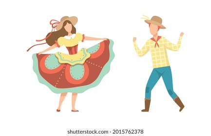 Couple in Colorful Traditional Costumes Dancing at Traditional Brazil June Festival, Festa Junina Cartoon Vector Illustration