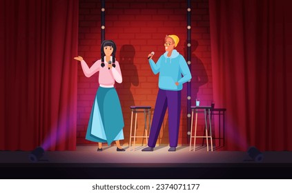 Couple of comedians perform comedy live show on theater stage vector illustration. Cartoon young talent male and female comedians with microphones tell funny story and jokes, speak in spotlight