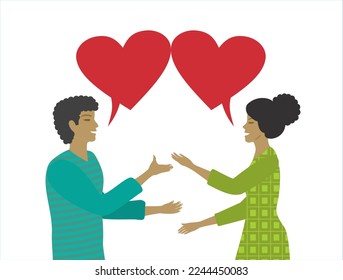 Couple communicate with speech bubbles as  hearts. Isolated on white. Vector illustration.