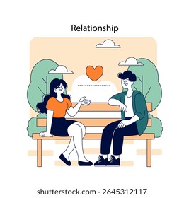 Casal comunicando amorosamente em um banco de parque, emoldurado por um símbolo de coração e pano de fundo da natureza, transmitindo um momento de relacionamento sereno. Ilustração vetorial.