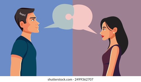 
Couple Communicating with Puzzle Speech Bubbles Illustration. Flirting man and woman talking with each other completing their sentences 
