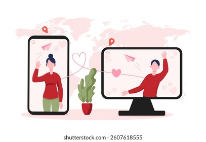 Couple communicating through phone and computer screens with hearts and paper planes, flat style, world map background. Concept of long distance relationship. Vector illustration